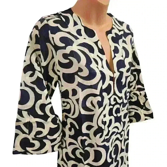 Le Sirenuse by J.Crew 100% Cotton 3/4 Sleeve V-Neck Patterned Dress $150 - Picture 3 of 14
